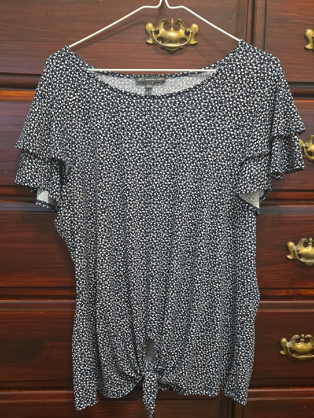 Adrianna Papell Black and White Dot Tie-Front Flutter Sleeve Top Size L
